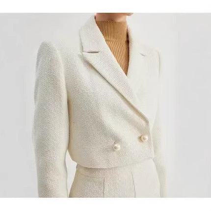 Women's Short Cut Boucle Blazer with Tailored Silhouette and Double Button Chichicherry