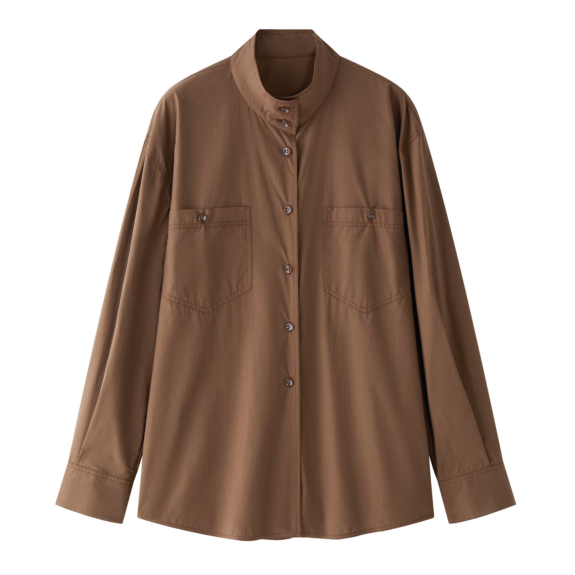 Women's Relaxed Shirt Jacket in Boxy Cut with Stand Collar and Chest Pocket Chichicherry