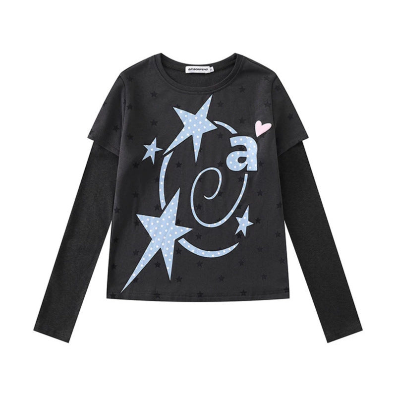 Women Two-Layer Long Sleeve Shirt with Stars Ornament and Heart Detail Chichicherry