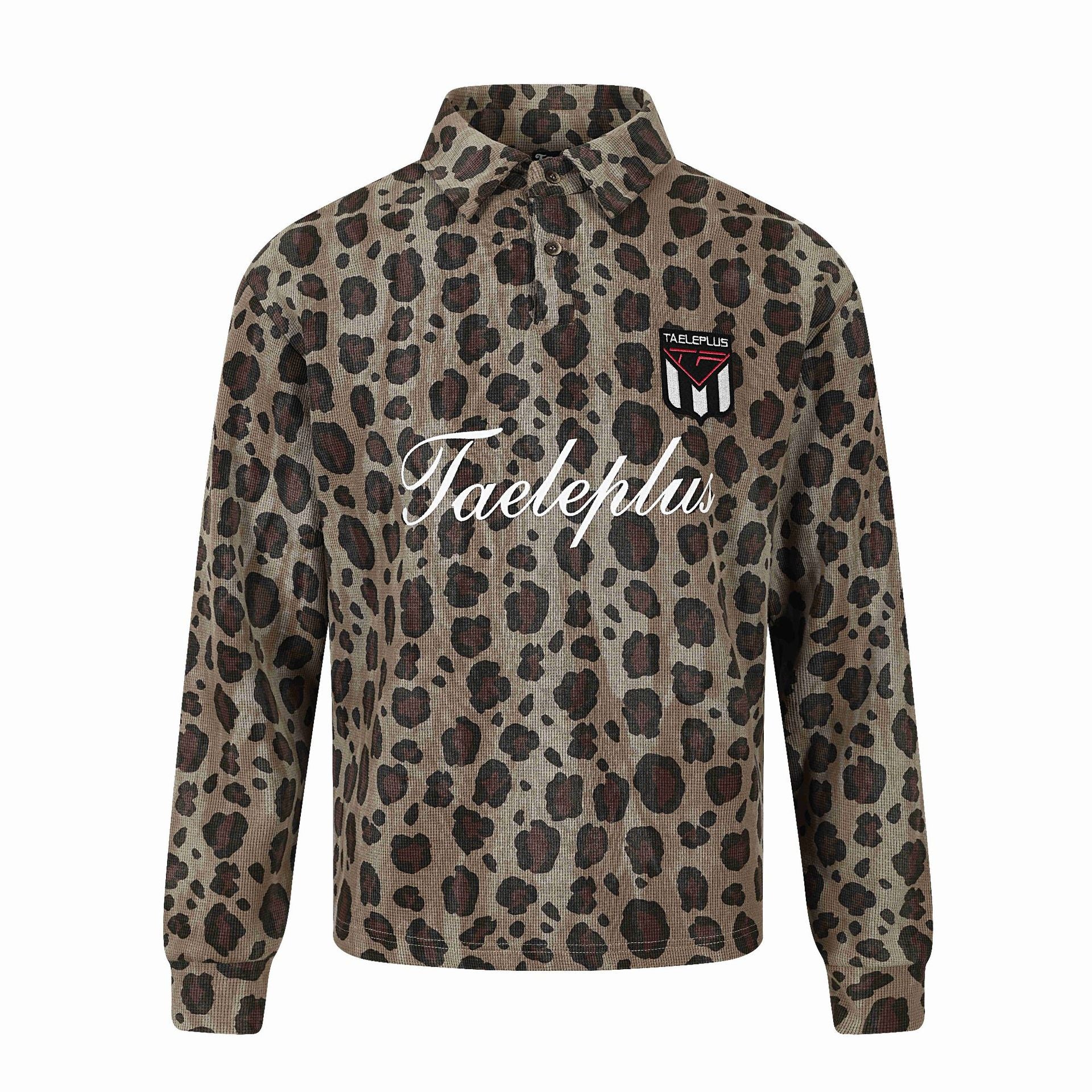 Women Long Sleeve Polo Shirt with Waffle Structure, Button Placket and Animal Print Chichicherry