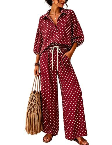Women's Polka Dot Two-Piece Lounge Set with Shirt Blouse Top and Drawstring Wide Leg Pants Chichicherry