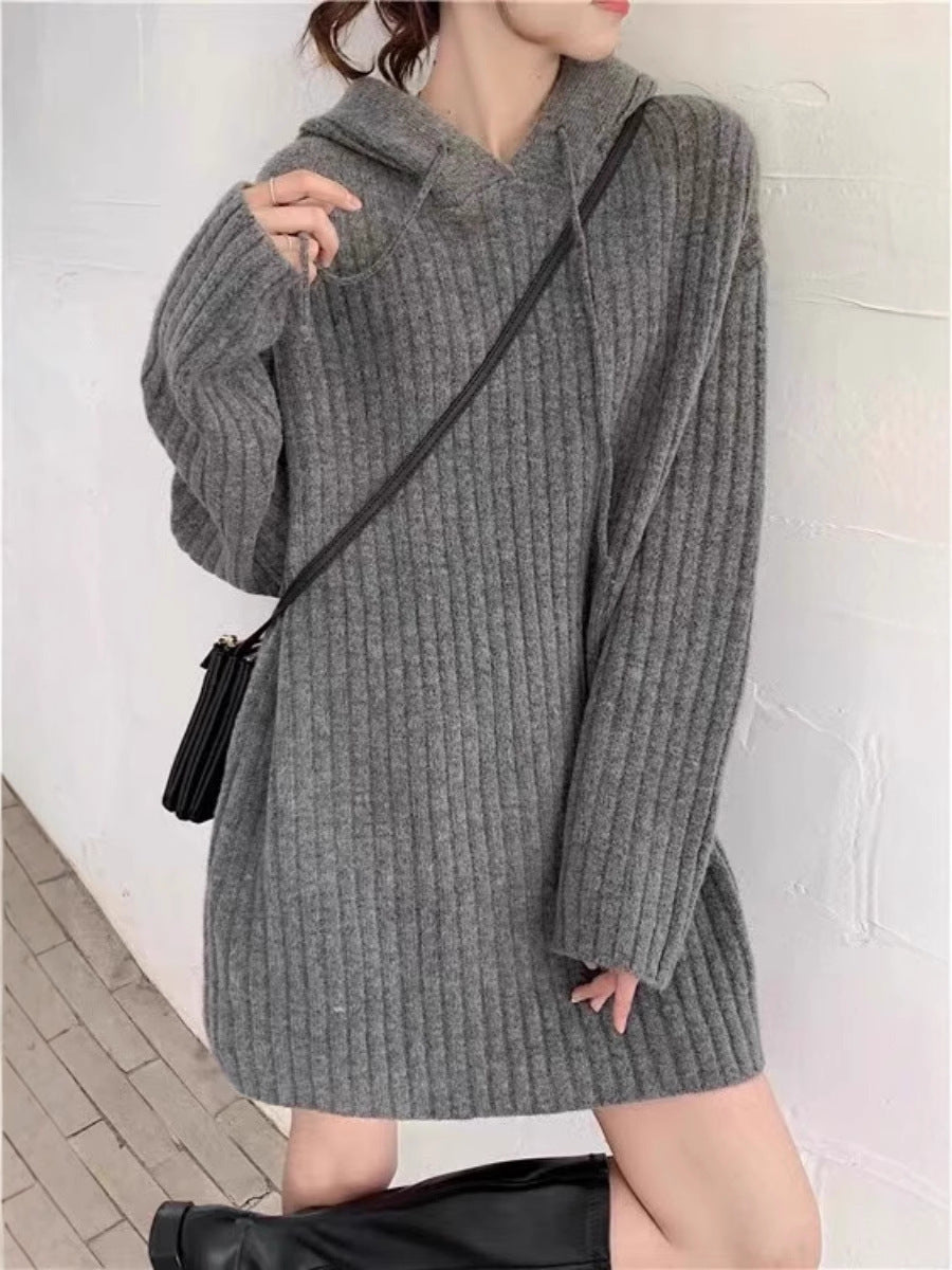 Women's knit hoodie dress with ribbed texture and oversized silhouette Chichicherry