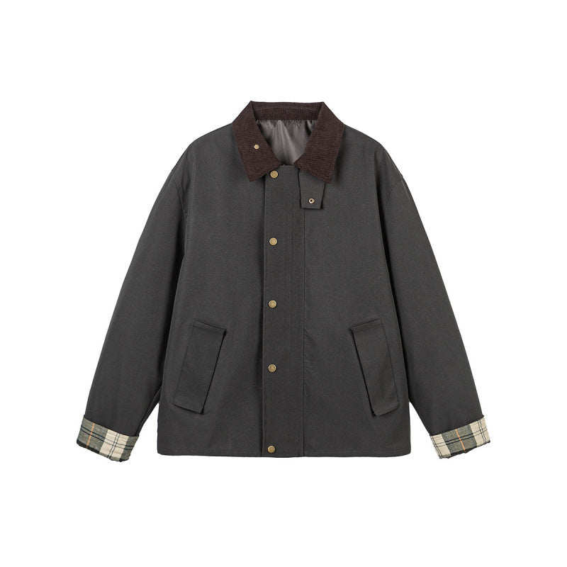 Men's Short Boxy Work Jacket made of sturdy canvas with cord collar and concealed snap button placket Chichicherry