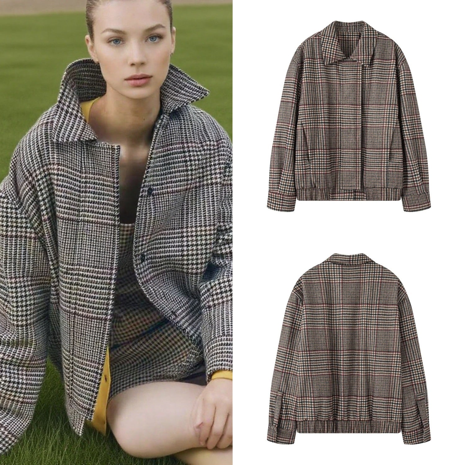Women's Oversize Short Jacket in Houndstooth Pattern with Stand Collar and Elastic Hem Chichicherry