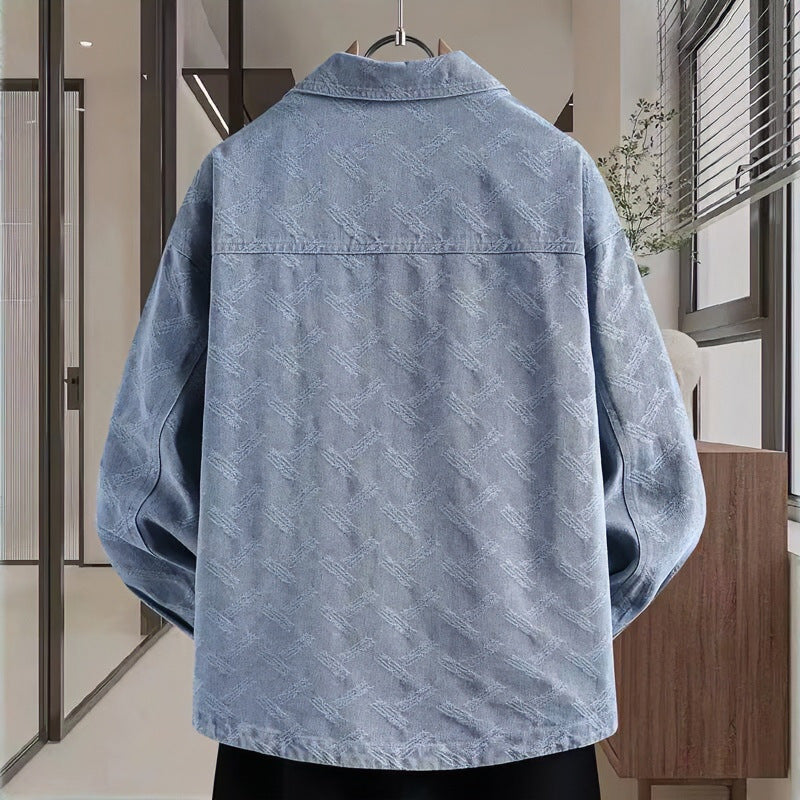Herren Jeans-Overshirt mit dezenter Struktur-Jacquard, Druckknopf‑Brusttaschen und Hemdkragen Chichicherry