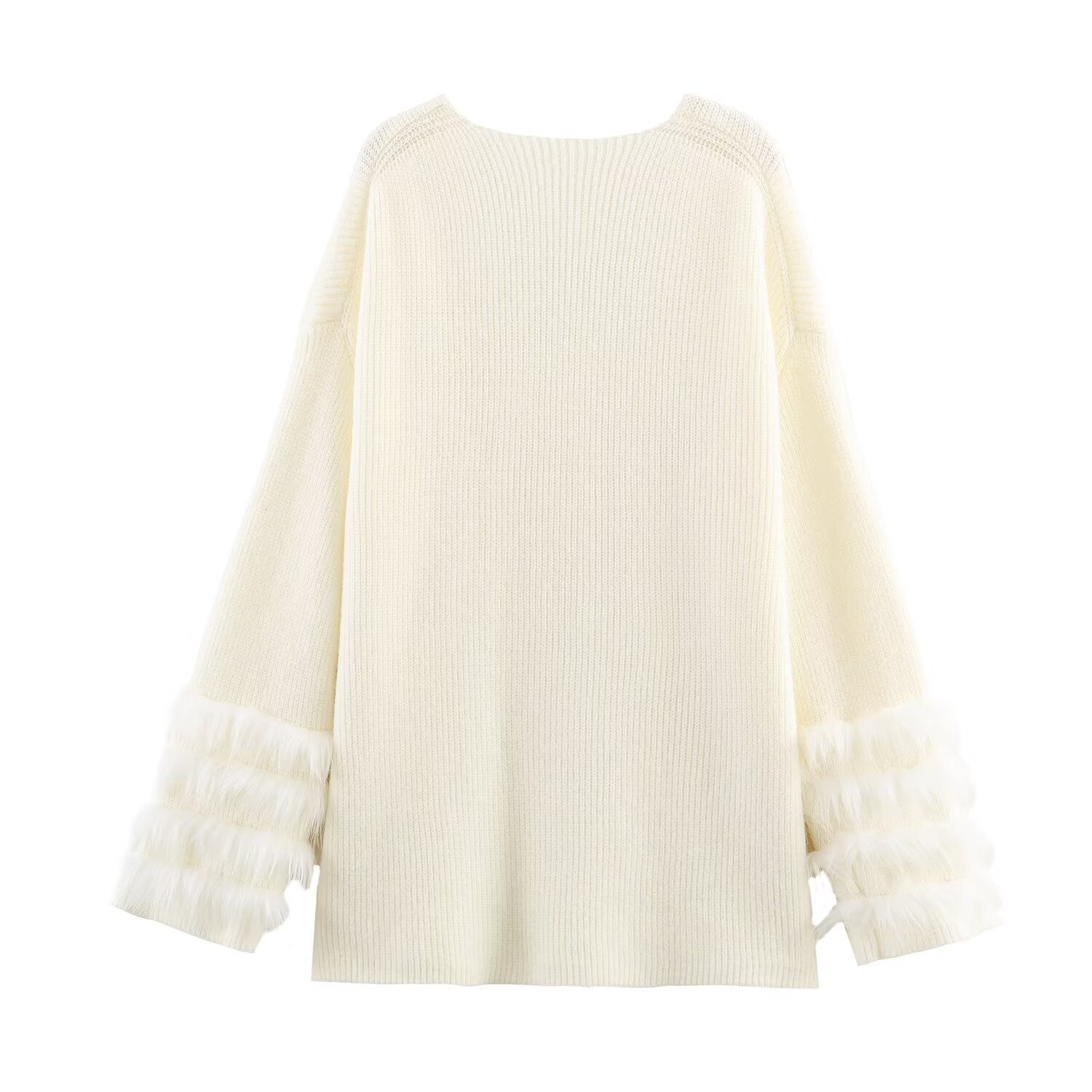 Ladies fine knit mini dress with deep V-neckline and layered faux fur sleeves Chichicherry