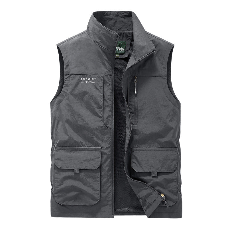 Men's multifunctional utility vest with mesh lining, stand-up collar and multiple pockets Chichicherry
