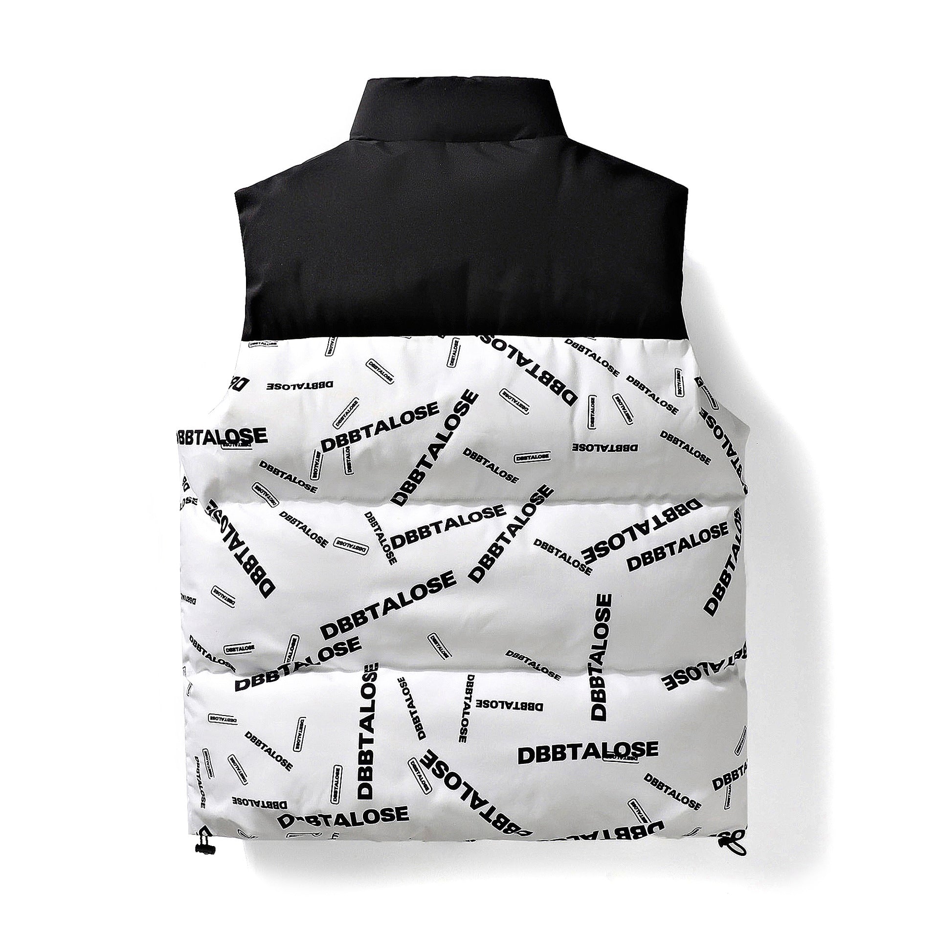 Men's Quilted Vest with High Stand-up Collar, All-over Logo Print & Drawstring Chichicherry