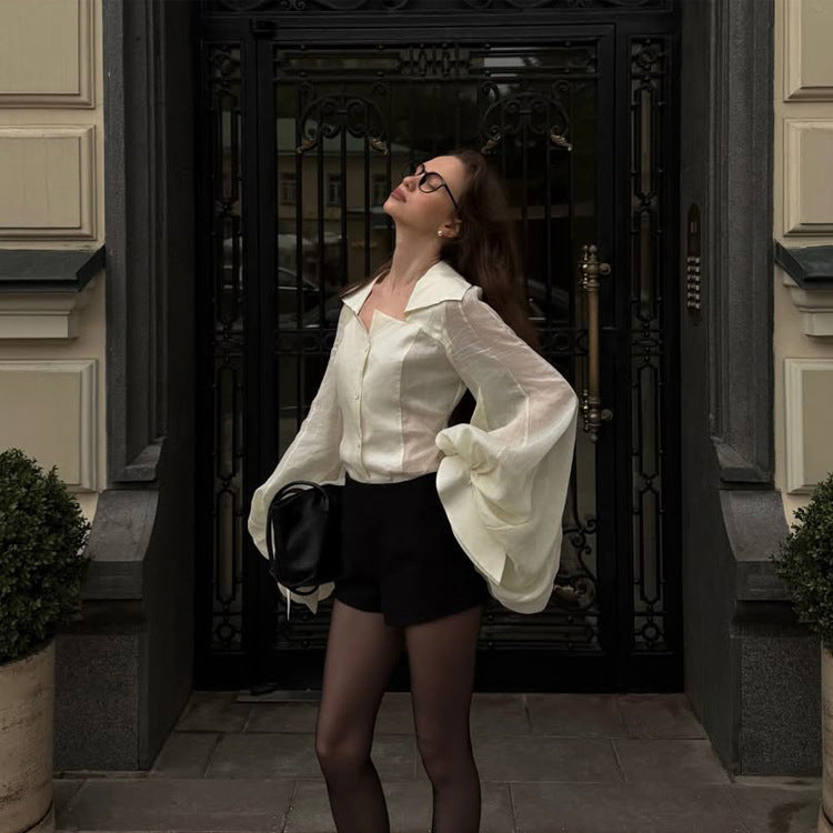 Women's Transparent Blouse Top with Tailored Corset Look and Voluminous Balloon Sleeves Chichicherry
