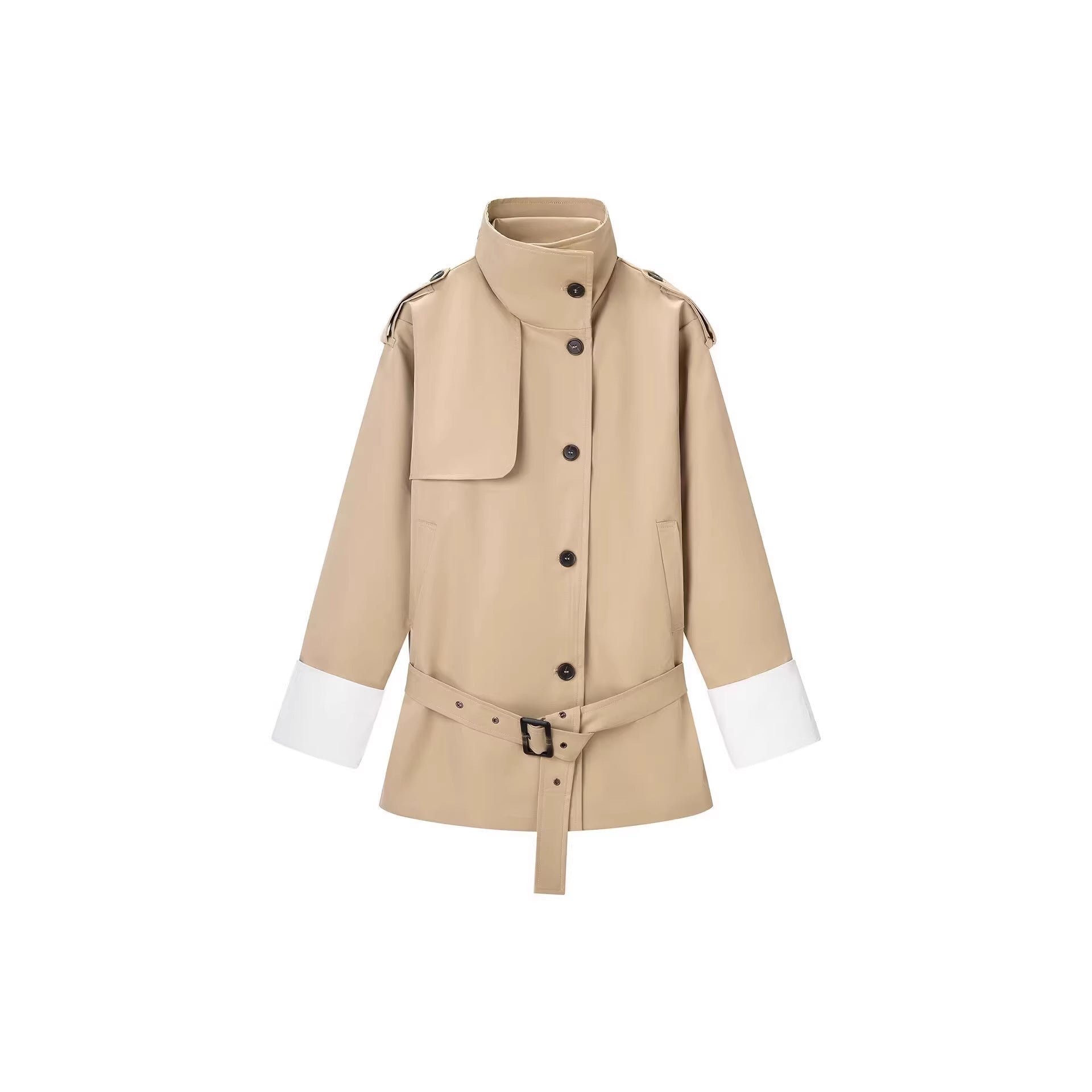 Women's Short Trench Coat with Waist Belt, Stand Collar and Contrast Cuffs Chichicherry