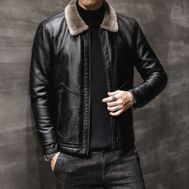 Men's Leather-Look Pilot Jacket with Teddy Collar and Concealed Zip Chichicherry