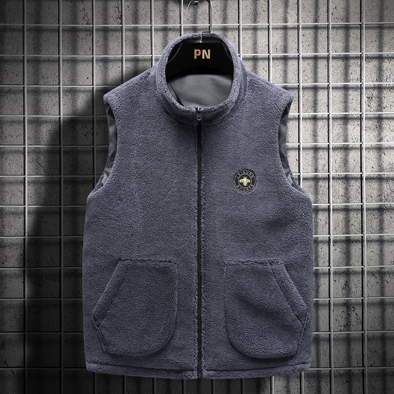Men's Padded Teddy Fleece Vest with Hood, Full Zip and Letter Patch Chichicherry