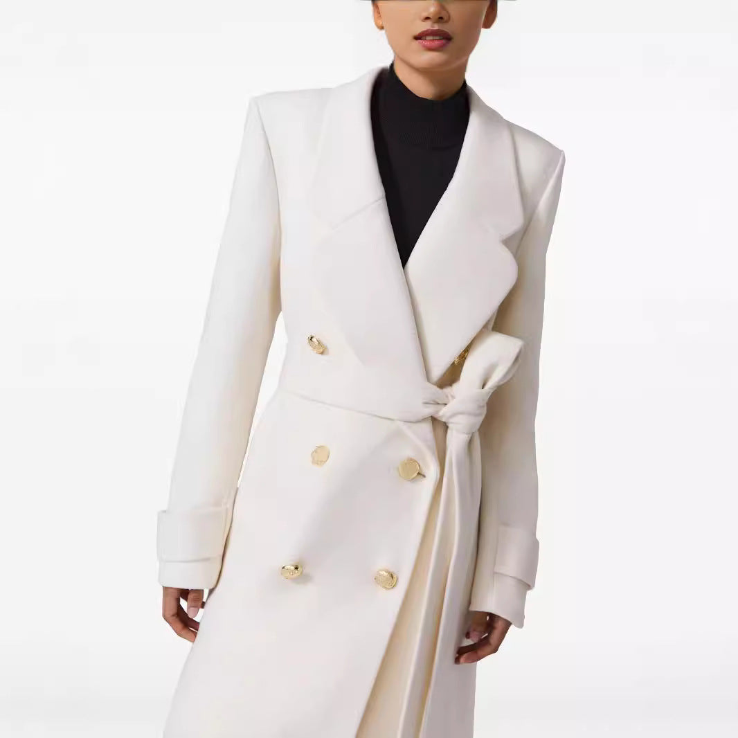 Women Long Double-Breasted Wool Coat with Waist Belt Chichicherry