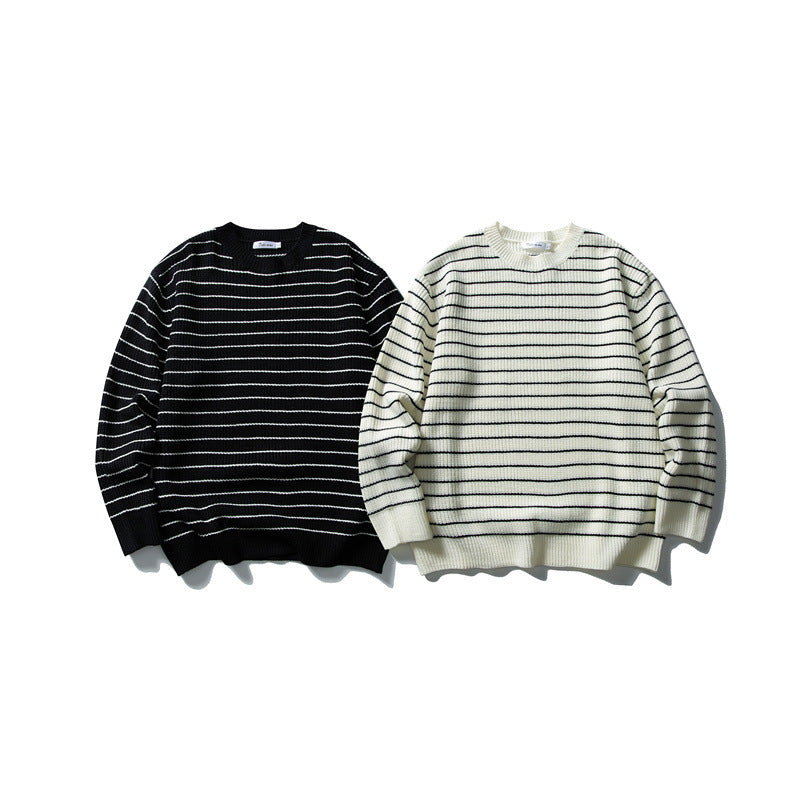 Unisex wide rib knit sweater with maritime stripe pattern and straight hem Chichicherry