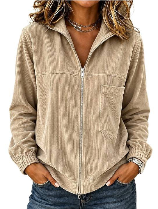 Women's cord jacket with zipper, stand-up collar and patch chest pocket Chichicherry