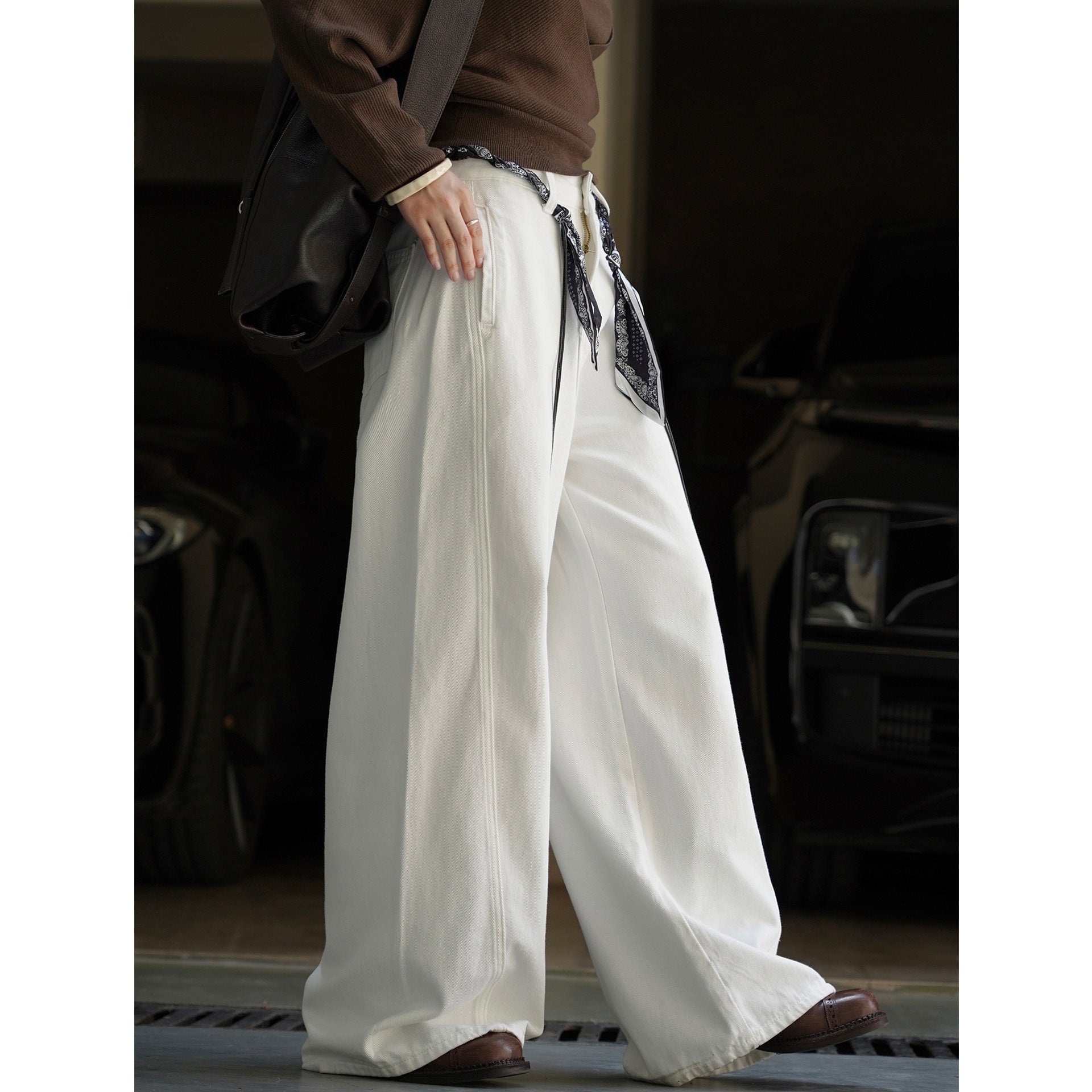 Women's Wide High-Waist Denim Baggy Pants with Bandana Lacing and Pearl Straps Chichicherry