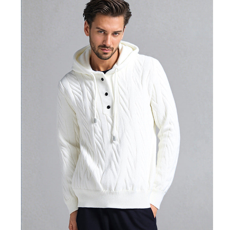 Men's Structured Cable Knit Hoodie with Button Placket Chichicherry