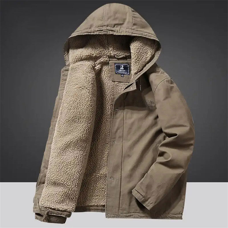 Men's Canvas Hoodie Parka with Continuous Teddy Fleece Lining and Drawstring Chichicherry