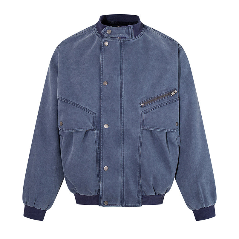 Men's Oversize Bomber Jacket in Vintage Wash with Stand Collar and Utility Pockets Chichicherry