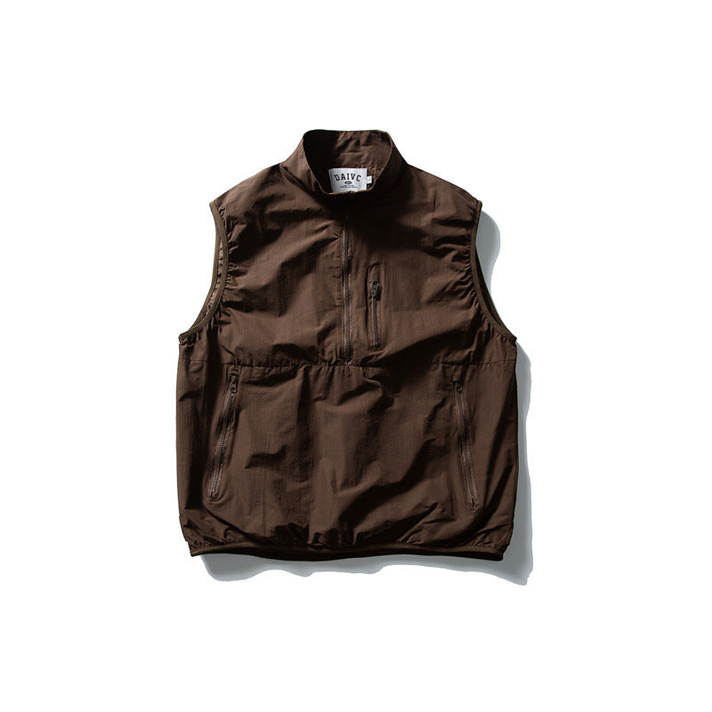 Men's Technical Utility Vest with High Stand Collar, Half Zipper and Weather-Resistant Pockets Chichicherry