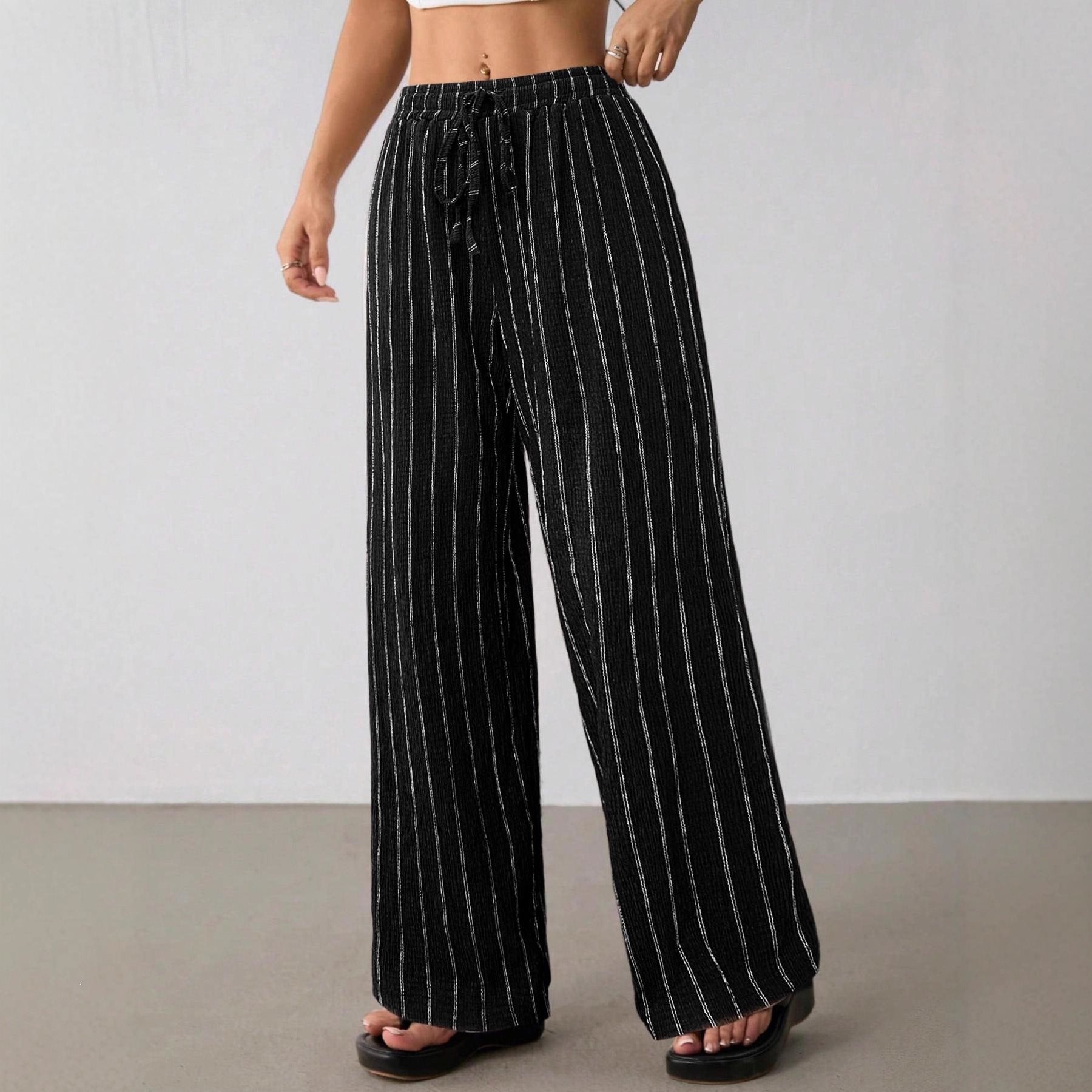 Women's Wide Knit Pants with High Waist and Drawstring Chichicherry