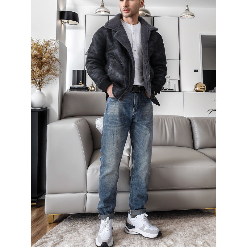 Herren Relaxed-Tapered Vintage-Jeans mit Used‑Effekt und aufgekrempeltem Saum Chichicherry