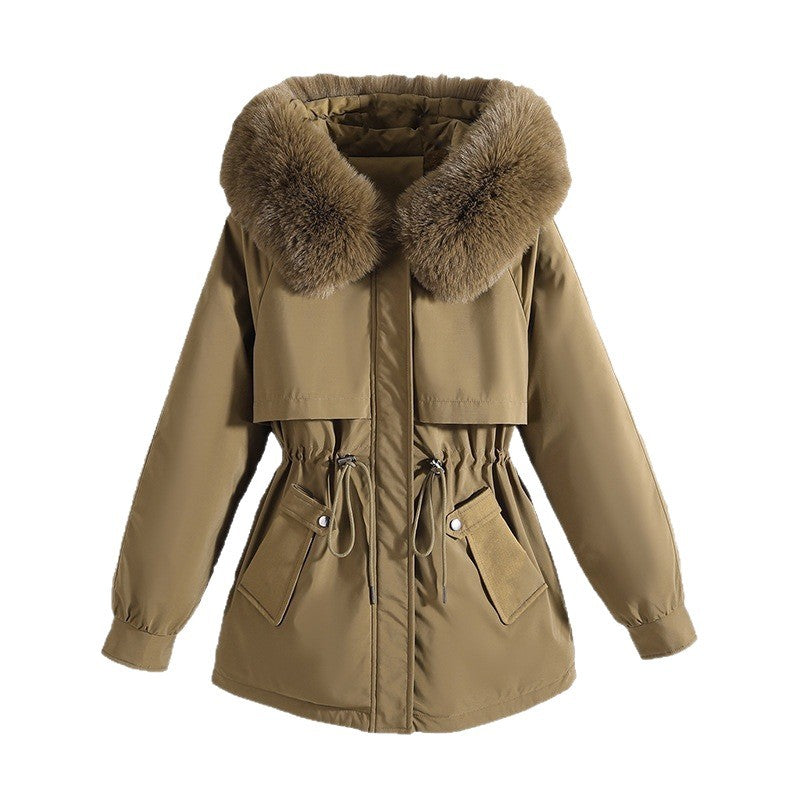 Women's short tailored parka with drawstring waist, hood, and large flap pockets Chichicherry