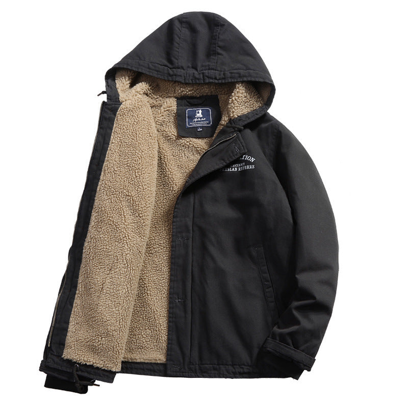 Men's Hooded Canvas Jacket with Sherpa Lining and Utility Details Chichicherry