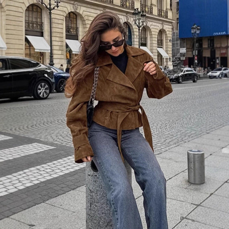 Women's Tailored Suede-Look Short Jacket with Wrap Belt and Long Cuffs Chichicherry