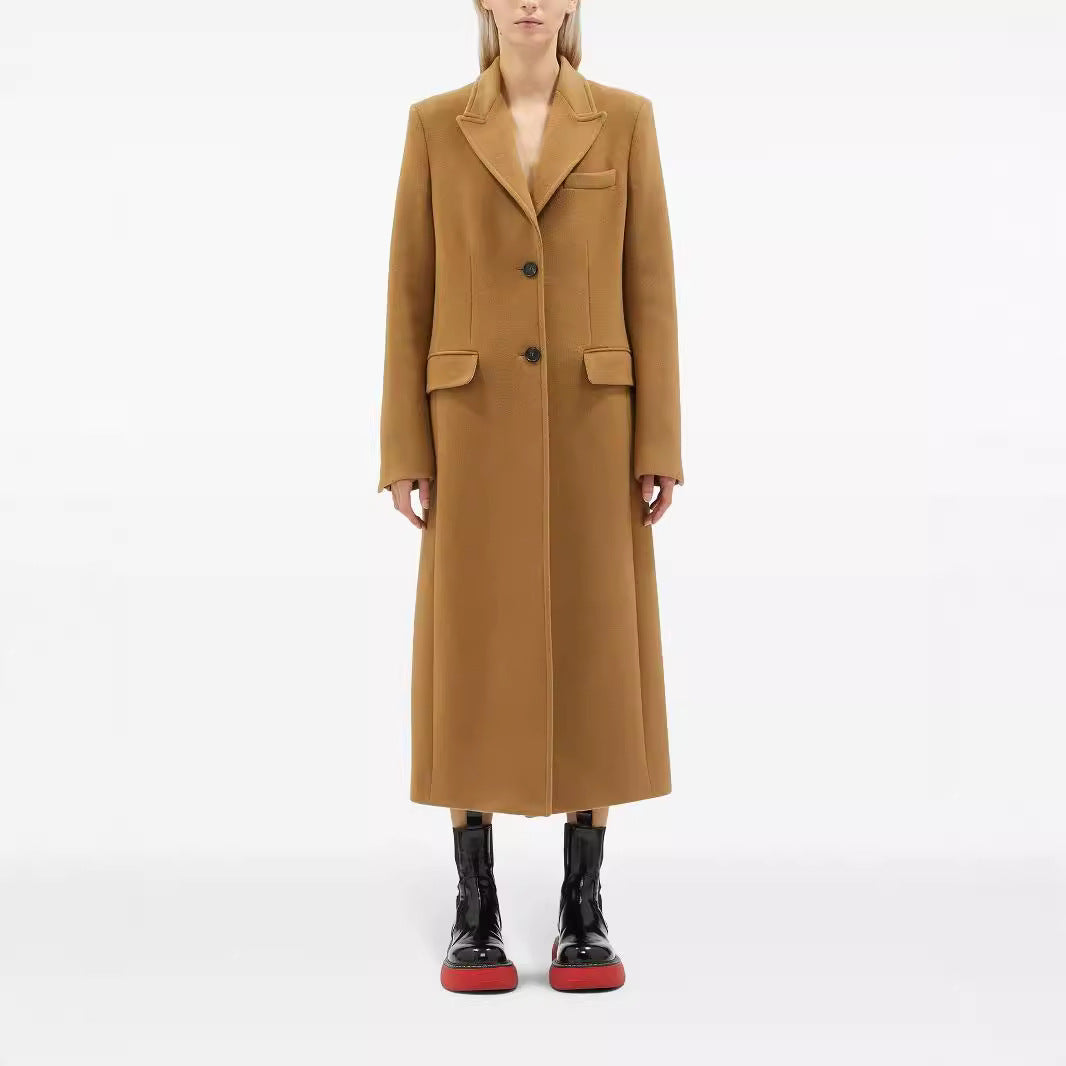 Women Maxilength Single-Breasted Long Coat in Minimalist Tailoring with Flap Pockets Chichicherry
