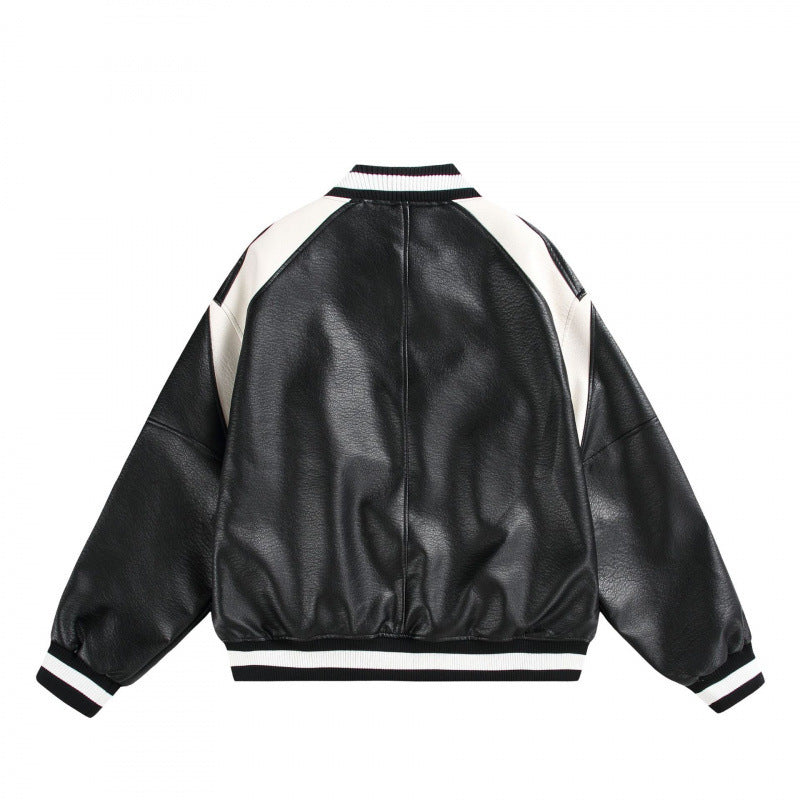 Unisex Boxy Oversized Faux Leather Bomber Jacket with Contrast Panels and Ribbed Cuffs Chichicherry