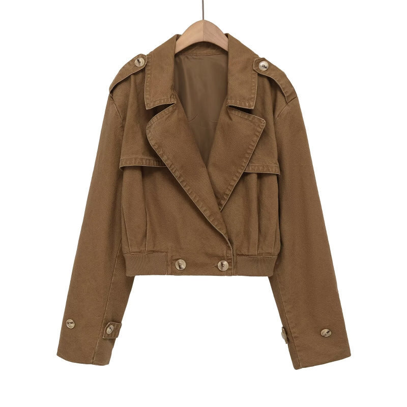 Women's Short Cut Utility Jacket in Field Style with Wide Lapels and Tailored Waistband Chichicherry