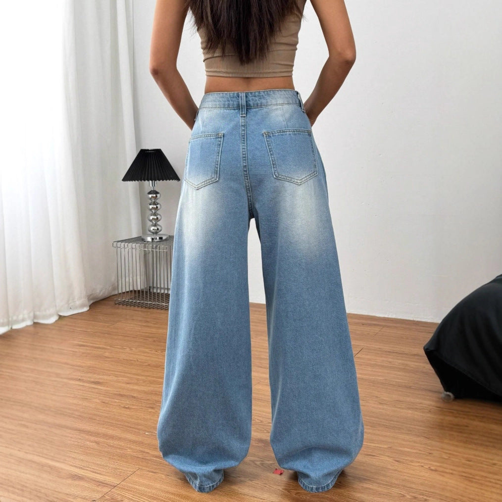 Ladies wide high-waist jeans in vintage wash with faded spot look and extra wide leg Chichicherry