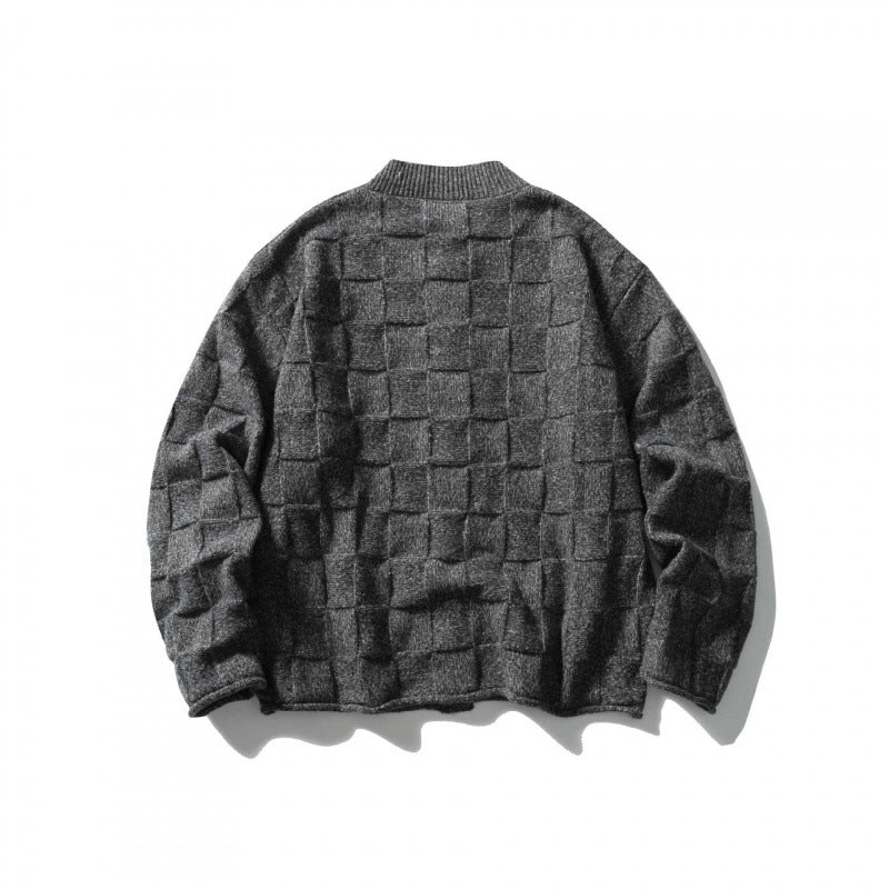Unisex Structured Boxy Cardigan with Check Pattern Chichicherry