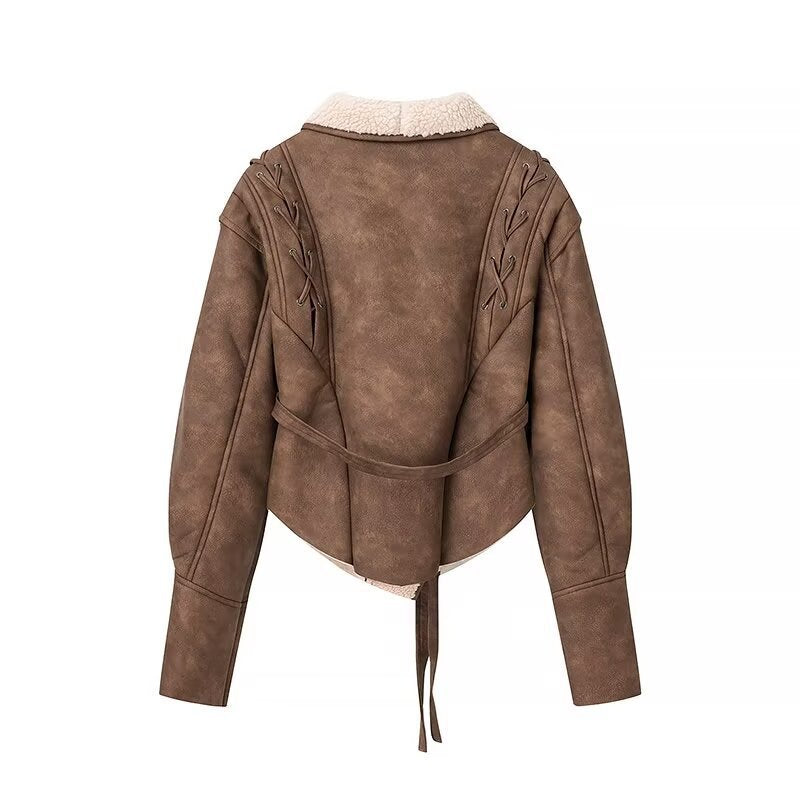 Ladies short jacket in aviator look with sherpa lining, tie belt and shoulder lacing Chichicherry