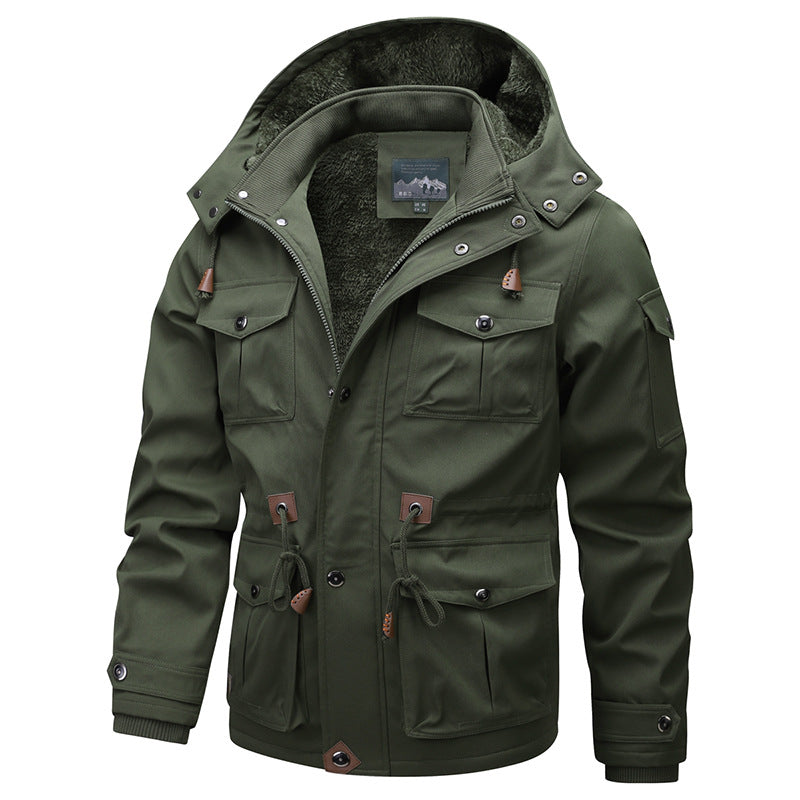 Men's Military-Inspired Canvas Parka with Teddy Fleece Lining and Adjustable Waist Drawstring Chichicherry