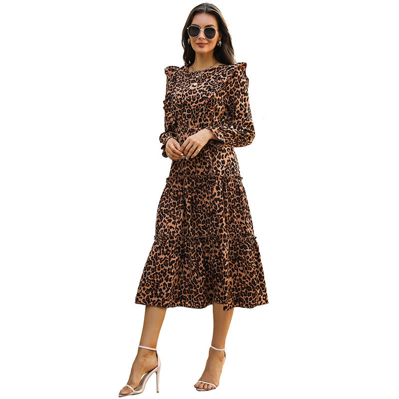 Women's midi tiered dress with leopard print, ruffle details and tailored silhouette Chichicherry
