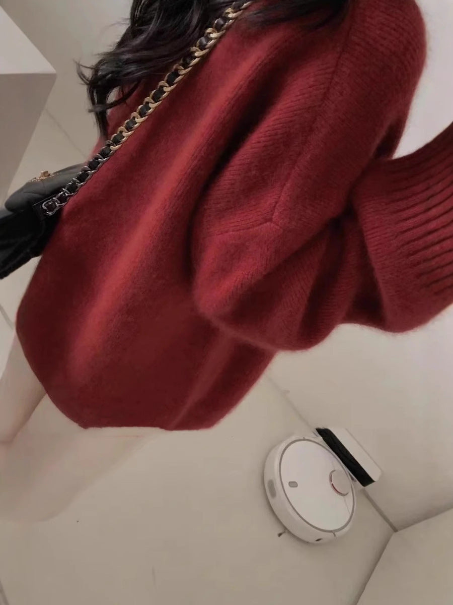 Women Oversized V-Neck Sweater in Mohair Look Chichicherry