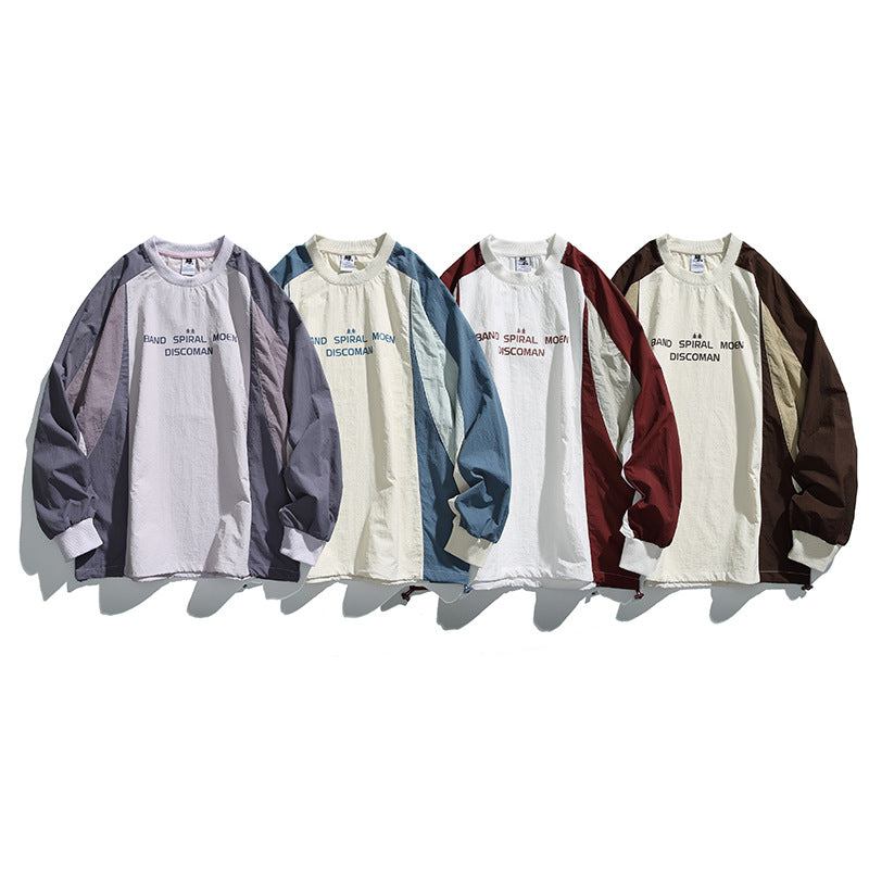 Unisex Loose Fit Colorblock Long Sleeve Shirt made of Lightweight Nylon Blend with Raglan Sleeves and Chest Print Chichicherry