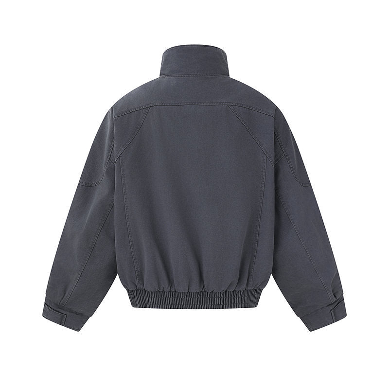 Men's short-cut canvas bomber jacket with high stand-up collar, concealed front placket, and zip pockets Chichicherry