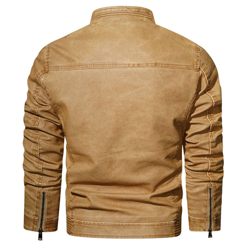 Men's Slim-Fit Pilot Style Denim Jacket with Stand Collar, Sleeve Gatherings and Zipper Pockets Chichicherry