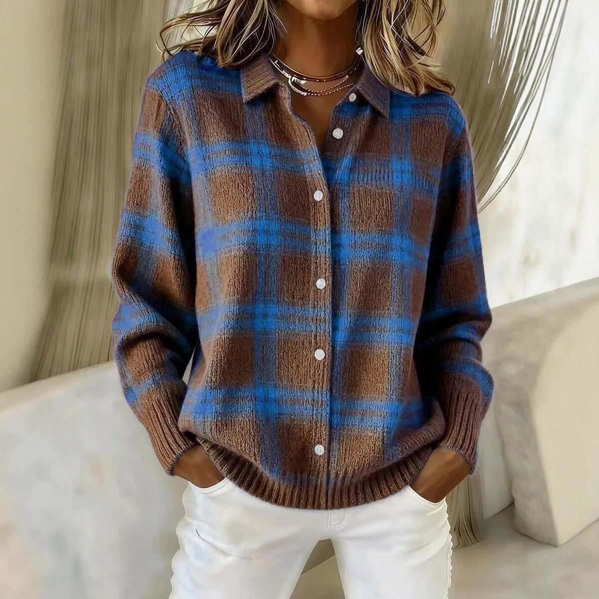 Damen Kariertes Strick-Hemdjacke-Cardigan mit Hemdkragen und gerippten Bündchen Chichicherry