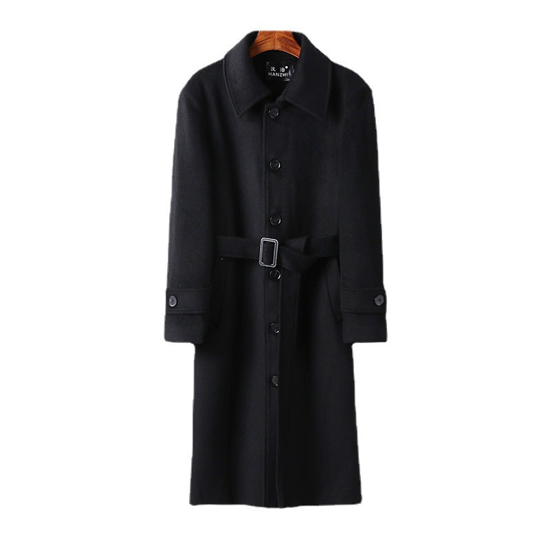 Men's tailored maxi long wool blend coat with tie belt and Kent collar Chichicherry