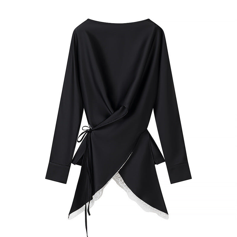 Women's Two-Piece Satin Set with Wrap Blouse, Lace Trim and A-Line Maxi Skirt Chichicherry