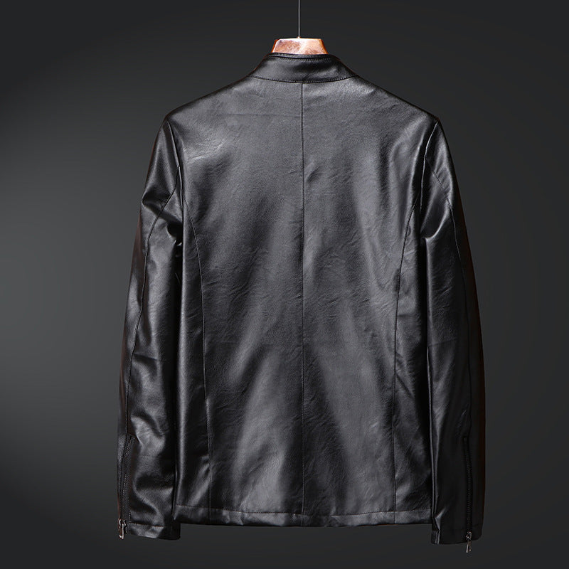 Men's slim synthetic leather blouson with standing collar and two-way zipper Chichicherry