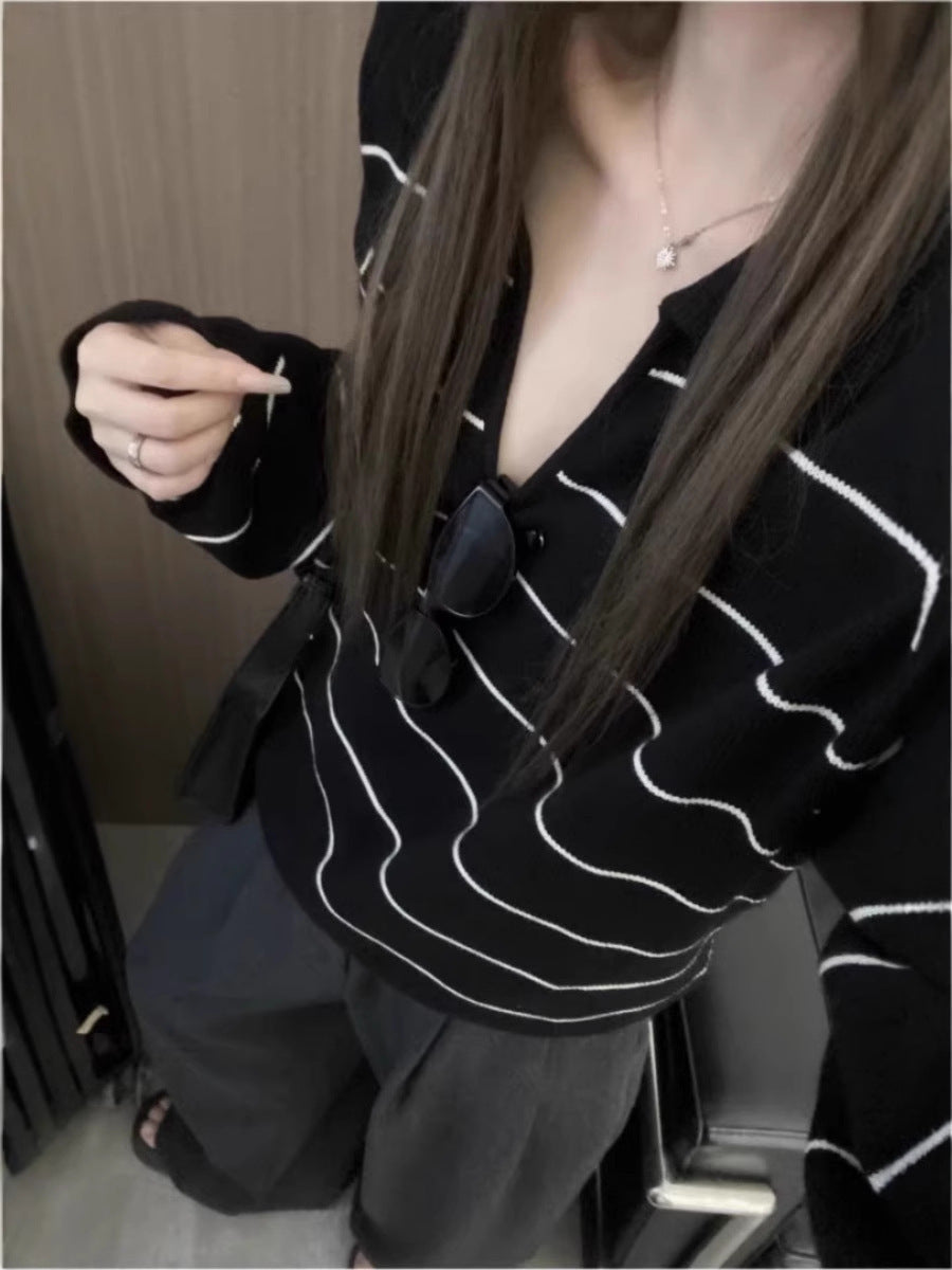 Women Casual Oversized Knit Sweater with Polo Collar and Fine Stripe Pattern Chichicherry