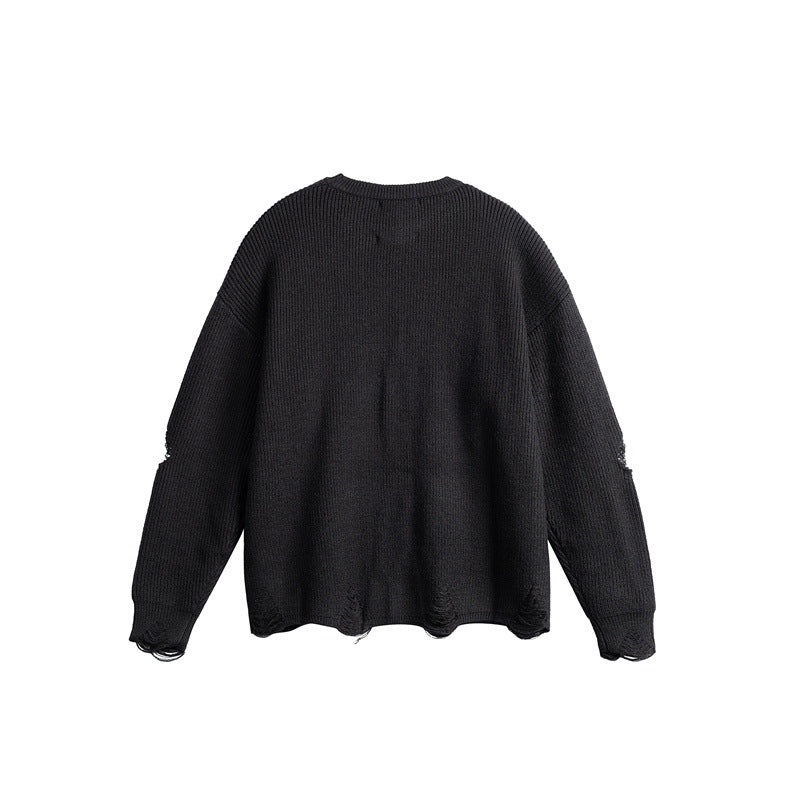 Unisex Oversize Knitted Sweater with Destroyed Details and Statement Print Chichicherry