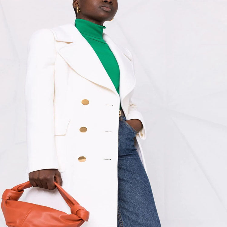 Women's Double-breasted Boxy Coat made of wool blend with wide lapels and gold decorative buttons Chichicherry