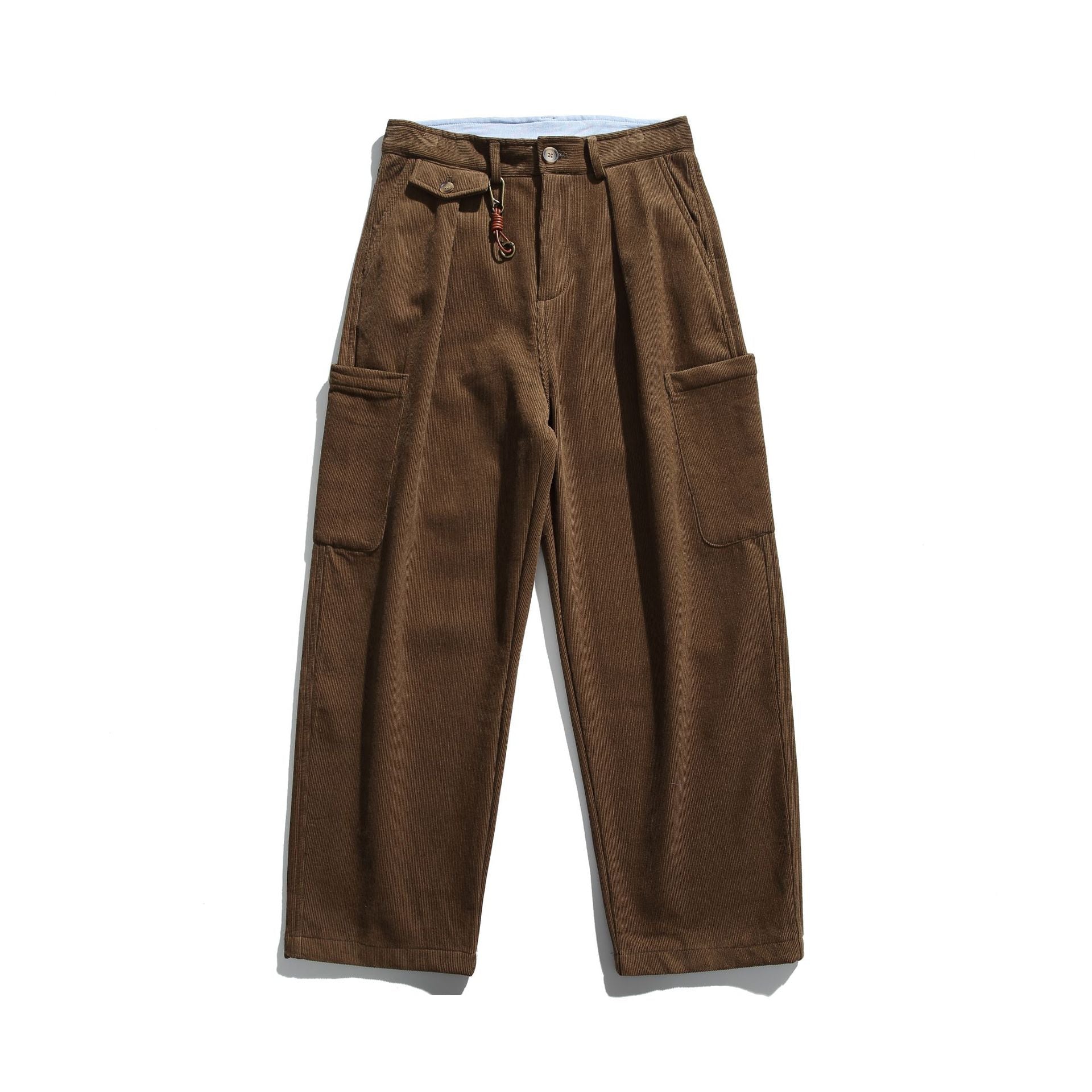 Men's Corduroy Cargo Pants with High Waist, Wide Leg and Flap Pockets Chichicherry