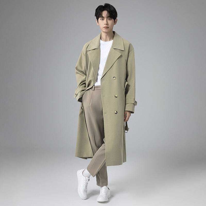 Men's Maxi-Length Trench Coat with Shaping Belt and Minimalist Silhouette Chichicherry